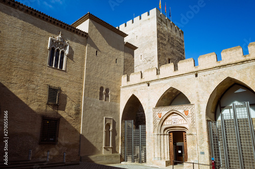 Zaragoza  Aragon  Spain - February 14th  2019   Aragonese Courtyard  Troubadour Tower and Chapel of San Martin within the Aljaferia Palace complex.