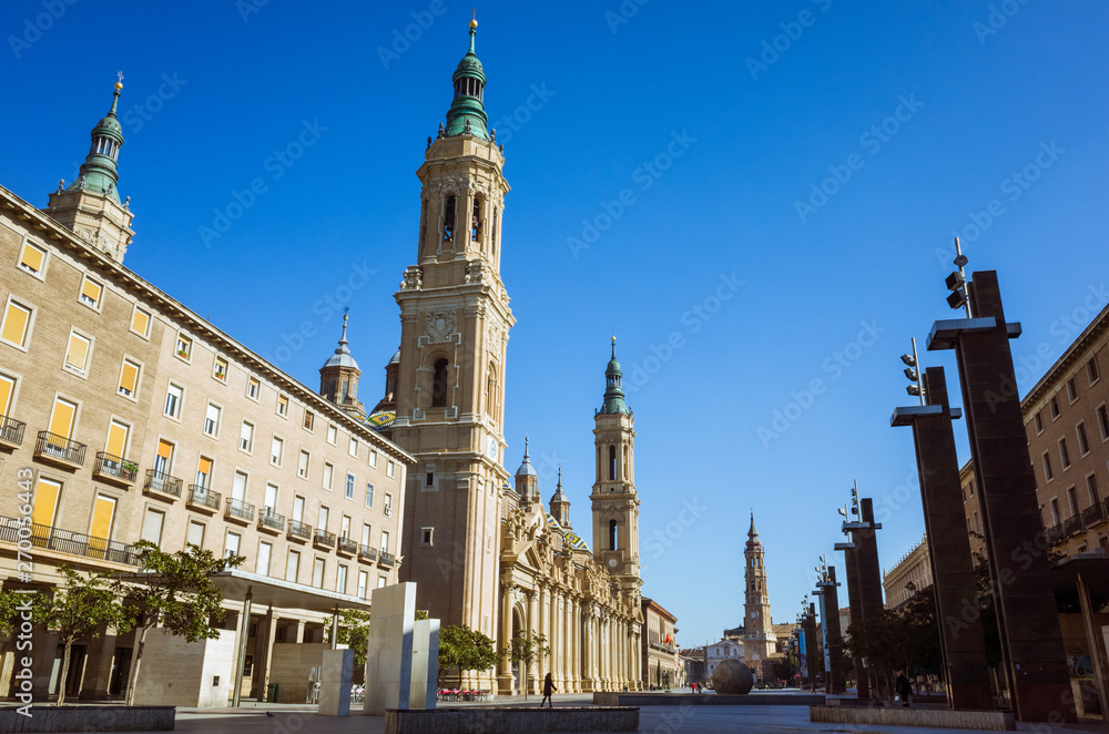 Zaragoza, Aragon, Spain 2019 : Baroque facade of the Basilica of Our Lady of the Pillar at  Plaza del Pilar square. It is reputed to be the first church dedicated to Mary in history. 