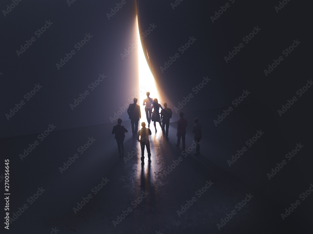 Fototapeta premium group of people at the door leading to the light