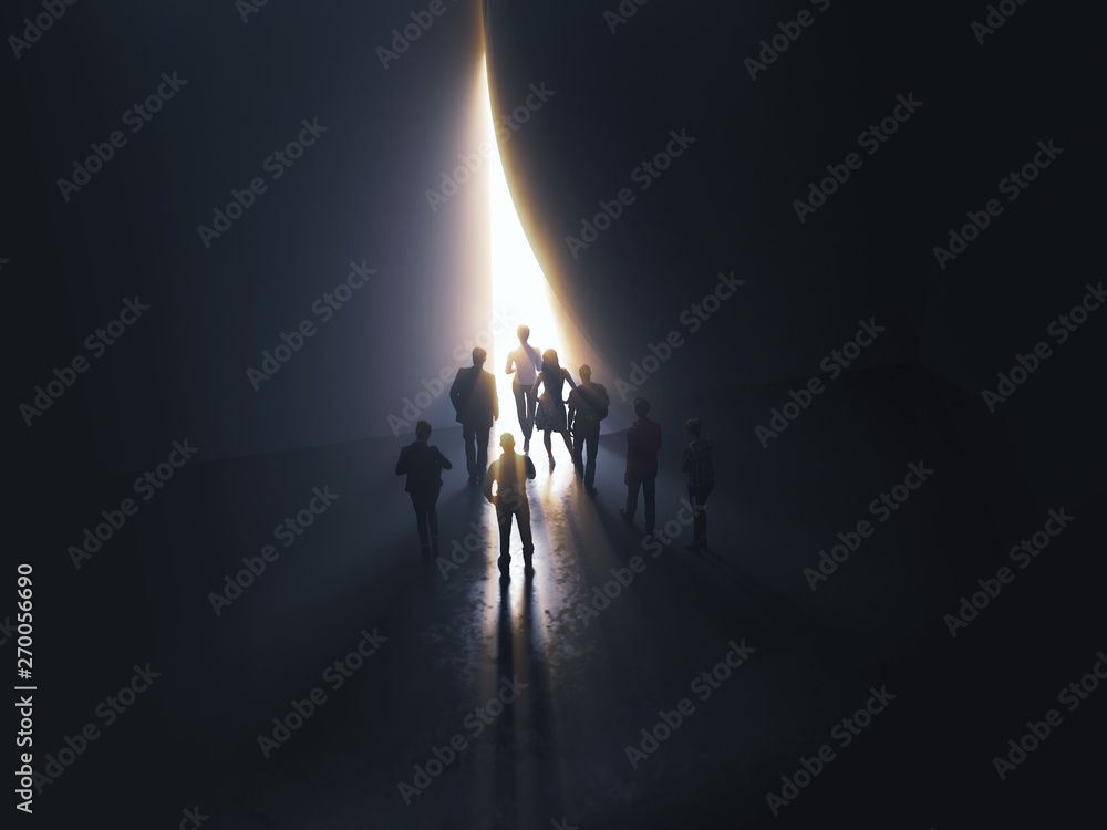 group of people at the door leading to the light - obrazy, fototapety, plakaty 