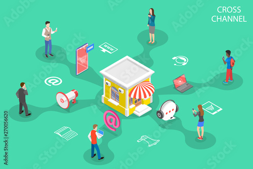 Valokuvatapetti Isometric flat vector concept of cross channel, omnichannel, several communication channels between seller and customer, digital marketing, online shopping