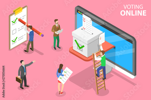 Isometric flat vector concept of online voting and election, e-voting internet system.