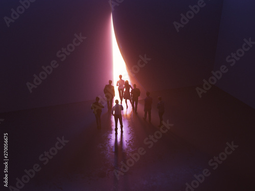 group of people at the door leading to the light