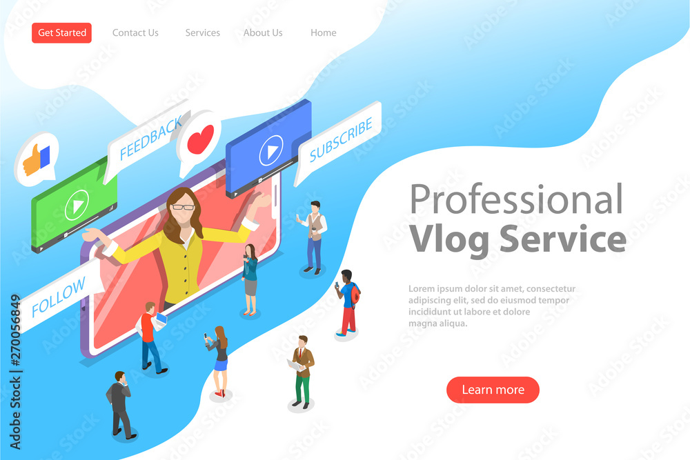 Flat isometric vector landing page template of vlog, video blog, online channel, creating quality content.
