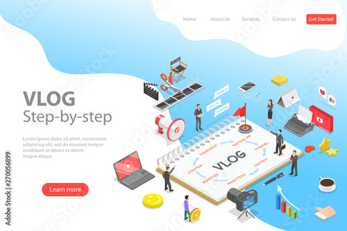 Flat isometric vector landing page template of video blog ste-by-step, vlog, creating online channel, content creating.