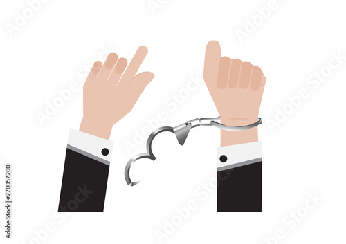 A vector of freedom hand from handcuff bandaged of prisoner or businessman in back suit and arrested Control by putting silver handcuffs isolated on transparency background, Lock the policeman shackle