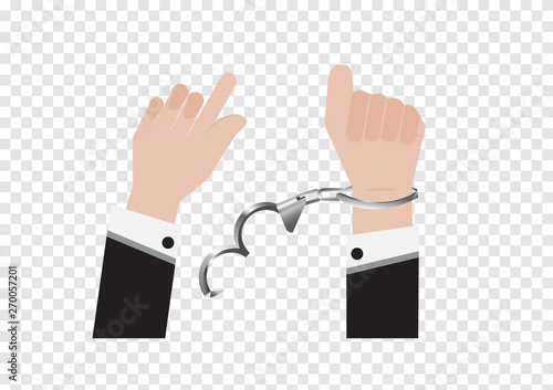 A vector of freedom hand from handcuff bondage of prisoner or businessman in back suit and arrested Control by putting silver handcuffs isolated on white background, Lock the policeman shackle