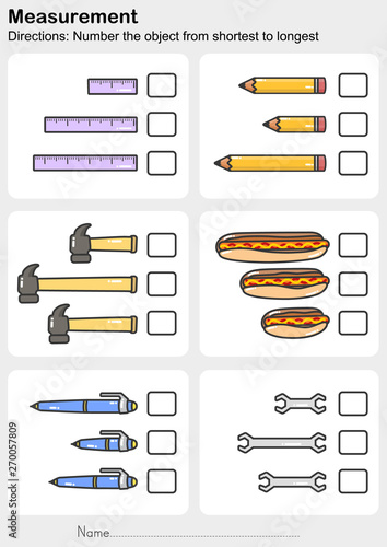 Measurement worksheet - Number the object from shortest to longest - Worksheet for education.