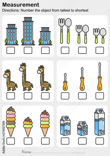 Measurement worksheet - Number the object from tallest to shortest - Worksheet for education.