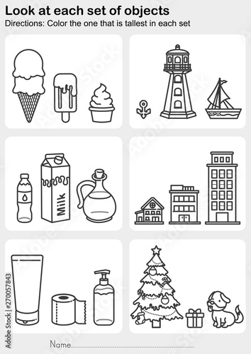 Look at each set of objects - Color the one that is tallest in each set - Worksheet for education.