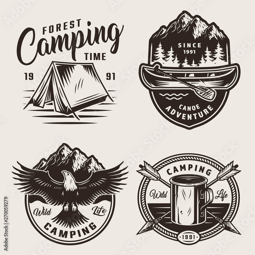 Monochrome summer camping labels