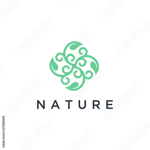 Vector logo of nature in linear style. Outline icon of simple landscape with trees, sun, fields - business emblems, badge for a travel, farming and ecology concepts, health, spa and yoga Center.