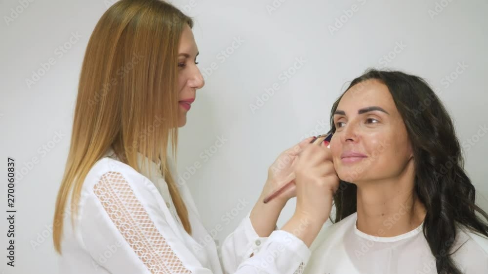 Professional make-up artist with a brush applies makeup to the face of a girl. Professional make-up artist with a brush applies makeup to the face of a girl.