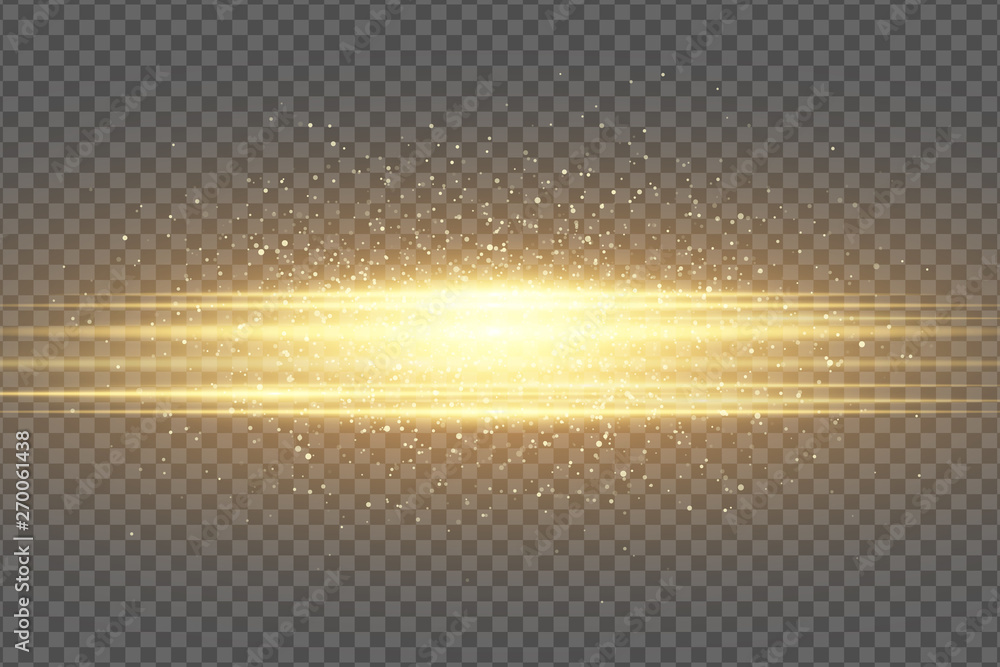 Abstract stylish light effect on a transparent background. Golden flash. Luminous flying dust. Chaotic glowing neon gold stripes. Shimmering particles flying. Vector illustration - obrazy, fototapety, plakaty 