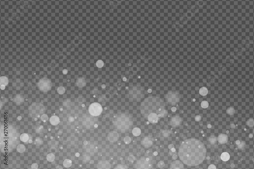 Light effect. Abstract lights bokeh isolated on transparent background. White glowing. Snowfall effect. Random blurry spots. Vector illustration