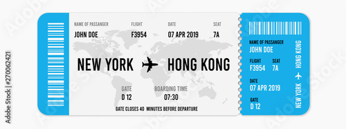 Realistic airline ticket design with passenger name. Vector illustration photo