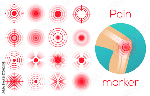 Red circles, pain place symbol, sore localization marks, aching place