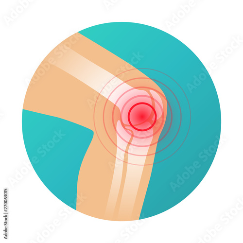 Joint pain, knee pain icon with red circle pain marker vector illustration.
