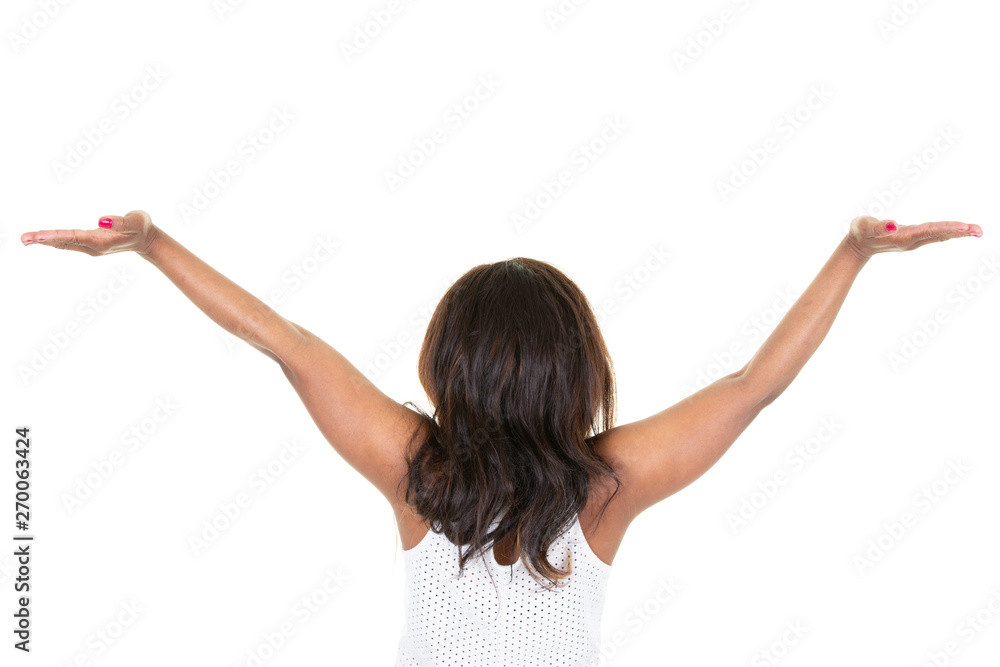 Cheerful african woman with hands stand up in rear back view Cheerful african woman with hands stand up in rear back view