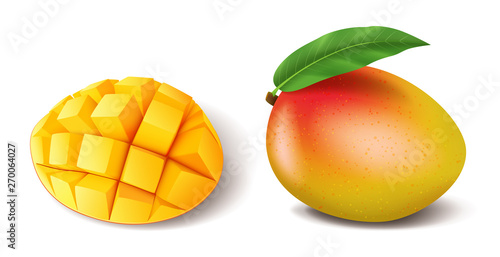 Realistic ripe mango fruit whole with leaf and sliced