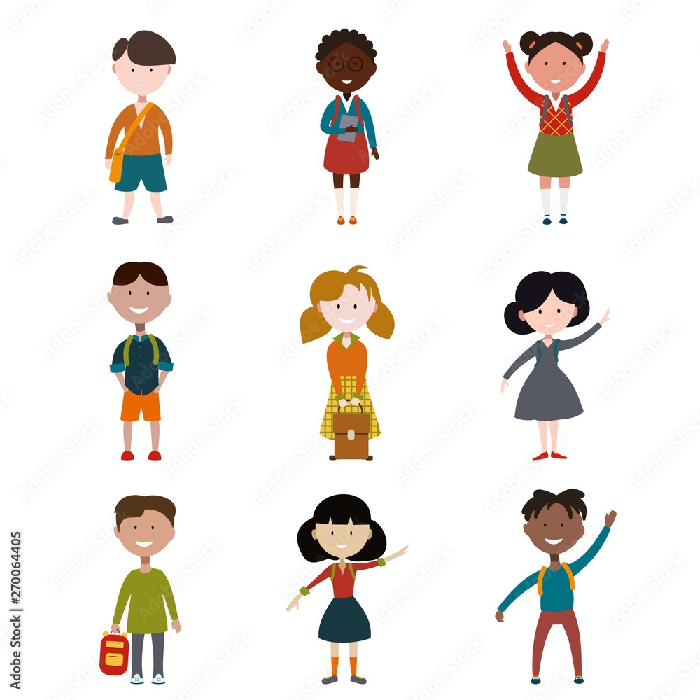 children schoolchildren of different races in different clothes, set