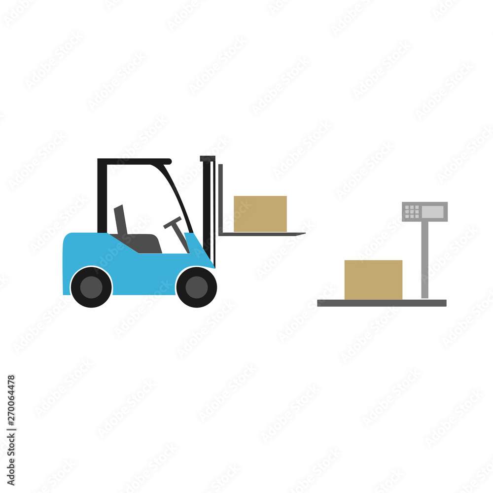 Naklejka premium Forklift truck icon. Transportation of cargo and boxes in the warehouse. Vector illustration