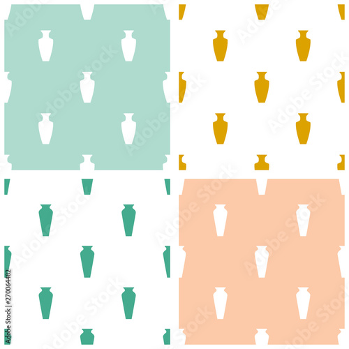 Collection of simple tranquil seamless patterns with jugs and vases. Vector illustration