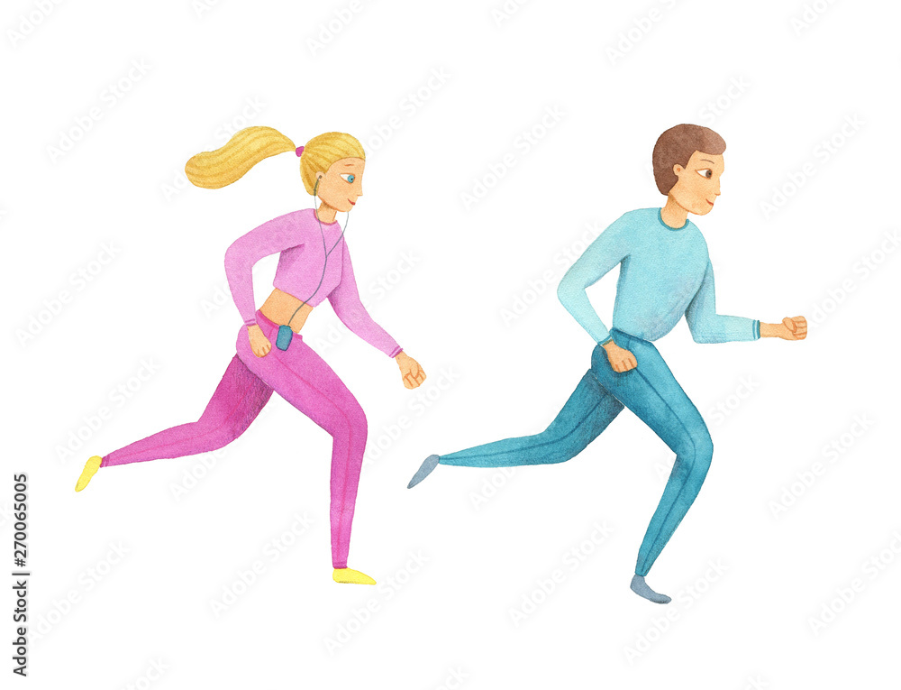 man and woman Running. watercolor isolated illustration. boy and girl Jogging