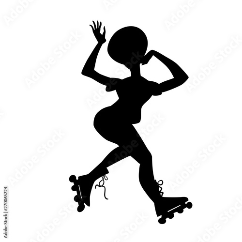 Silhouette of girl on roller skates. Girl make a stunt. Vector black and white illustration. Cutout isolated object. Sports goods elements.