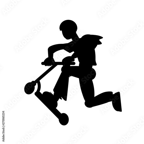 Silhouette of guy riding on the scooter. Vector black and white illustration. Cutout isolated object. Sports goods elements.