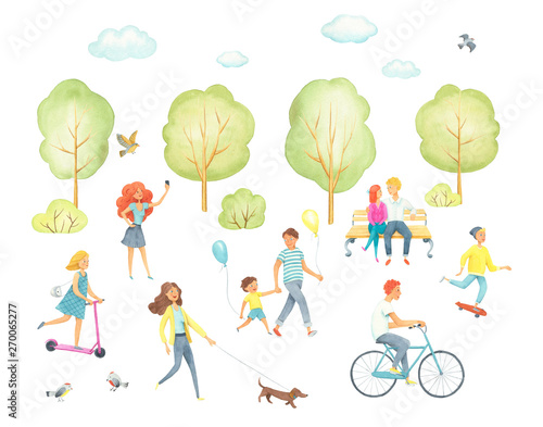 Various people at park performing leisure outdoor activities. - walking dog, Cycling, sitting on a bench, photographed. Watercolor Cartoon colorful illustration