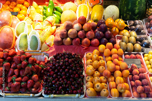 Summer fruits, vegetables and berries on the market.
