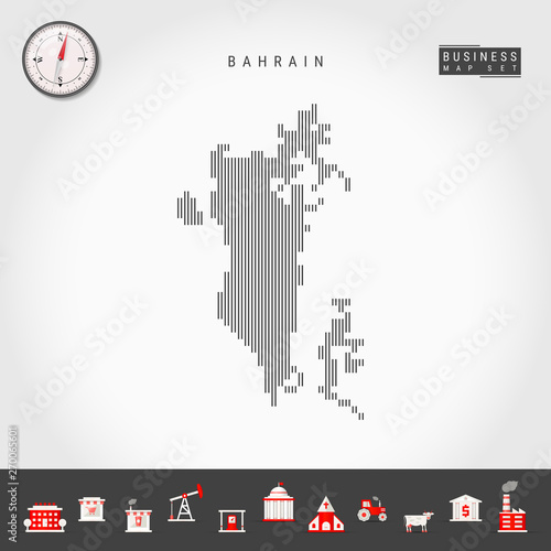 Vector Vertical Lines Pattern Map of Bahrain. Striped Simple Silhouette of Bahrain. Realistic Vector Compass. Business Infographic Icons.