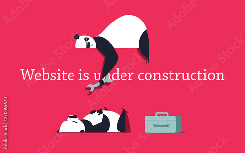 Two repairer pandas sleeping instead of fixing the problem. Funny Website is under construction design template.