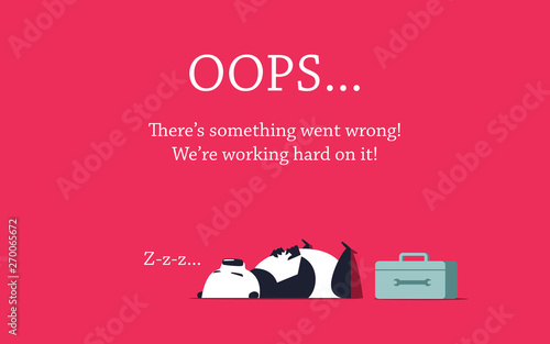 Repairer panda sleeping on the floor. Repair box standing close to it. Error page design template.