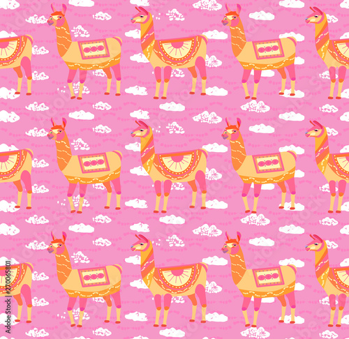 Fototapeta Naklejka Na Ścianę i Meble -  Seamless pattern with cartoon llamas. Pink childrens background. Cute animals on a background of white clouds. Vector illustration.