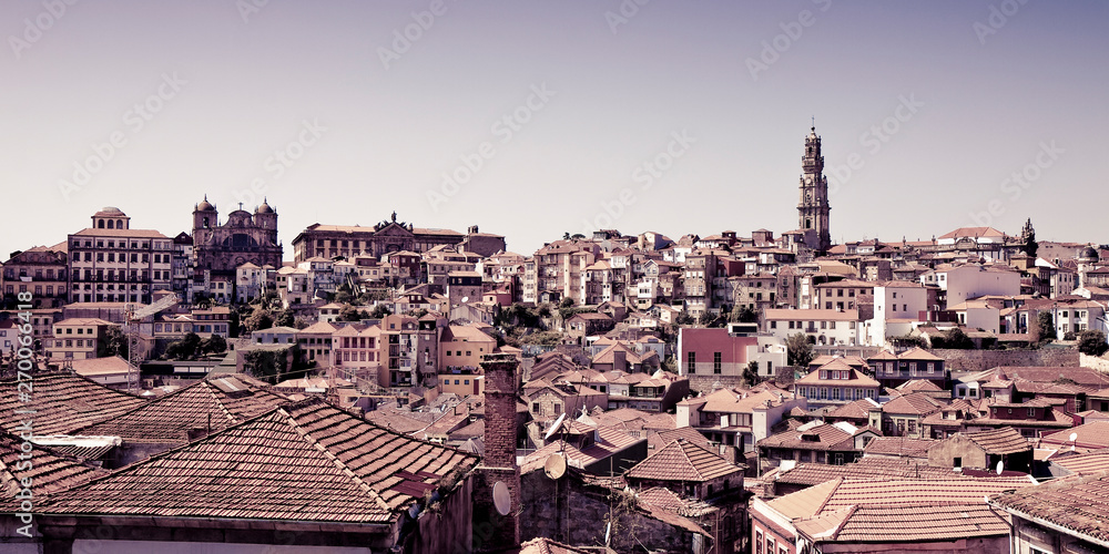 Oporto panoramic view. On background the famous Clerigos tower