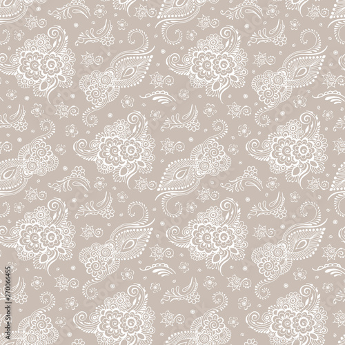 Beige background ornate white patterns. Seamless pattern.