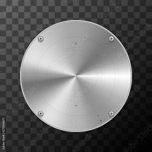 Glossy metal industrial plate in round shape on transparent