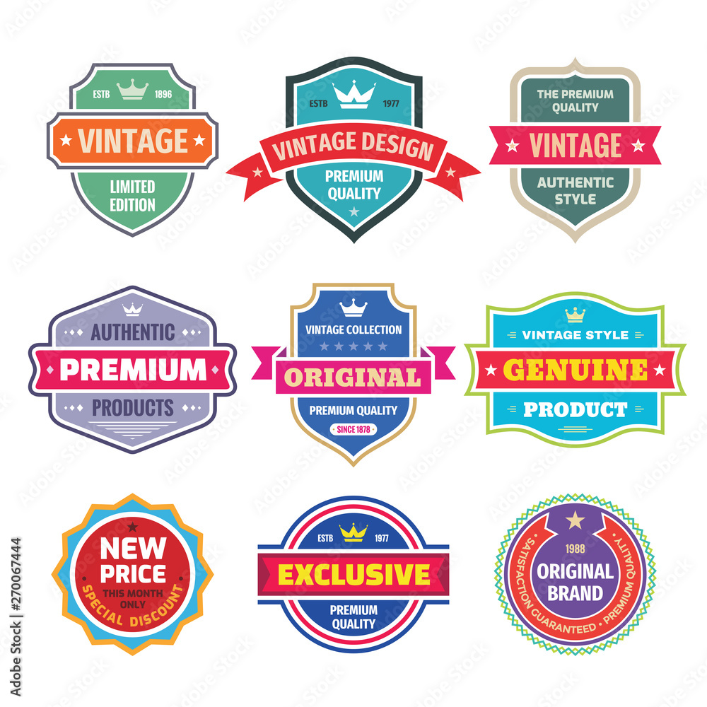 Business badges vector set in retro vintage design style. Abstract logo. Premium quality. Satisfaction guaranteed. Original brand. Exclusive genuine product. Concept labels. 