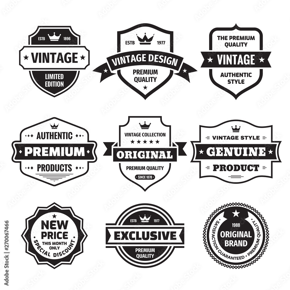 Business badges vector set in retro vintage design style. Abstract logo. Premium quality. Satisfaction guaranteed. Original brand. Exclusive genuine product. Concept labels in black & white colors. 