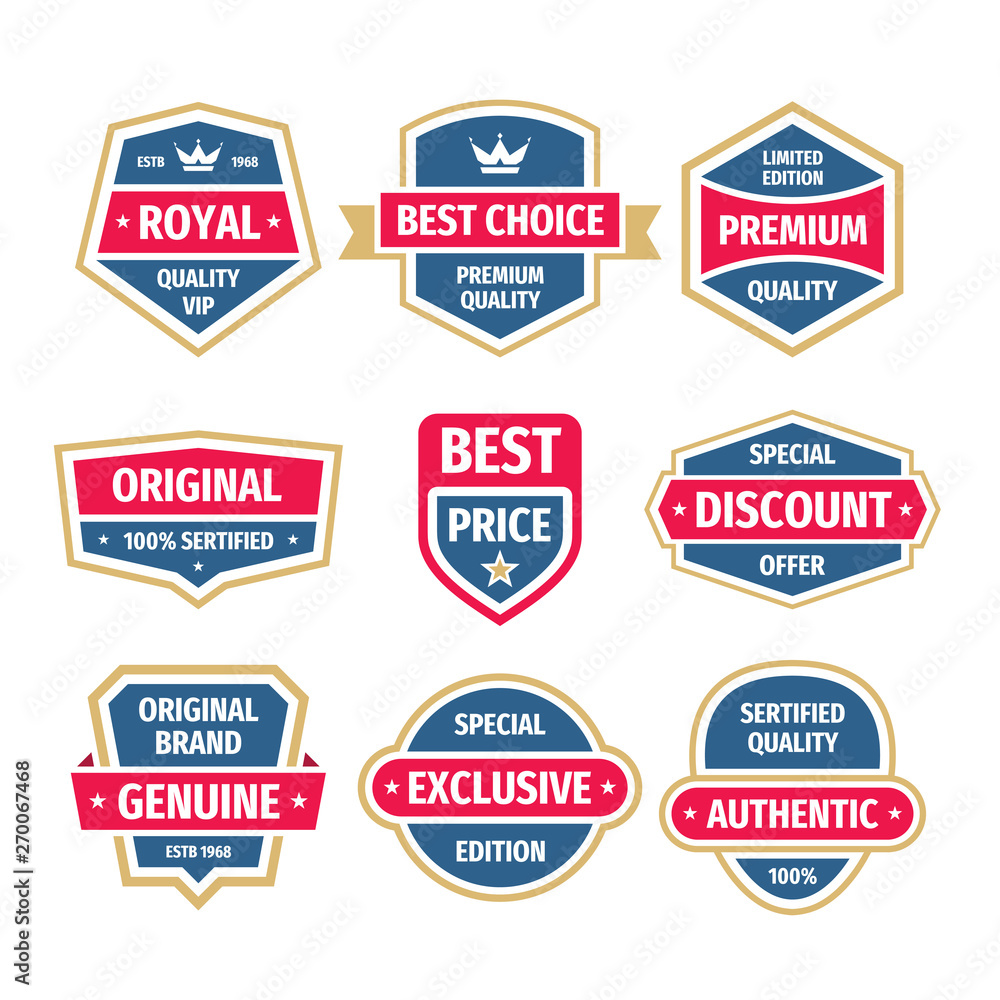 Obraz premium Business badges vector set in vintage design style. Abstract logo. Premium quality. Genuine authentic product. Best seller. Special offer. Discount. Exclusive. 