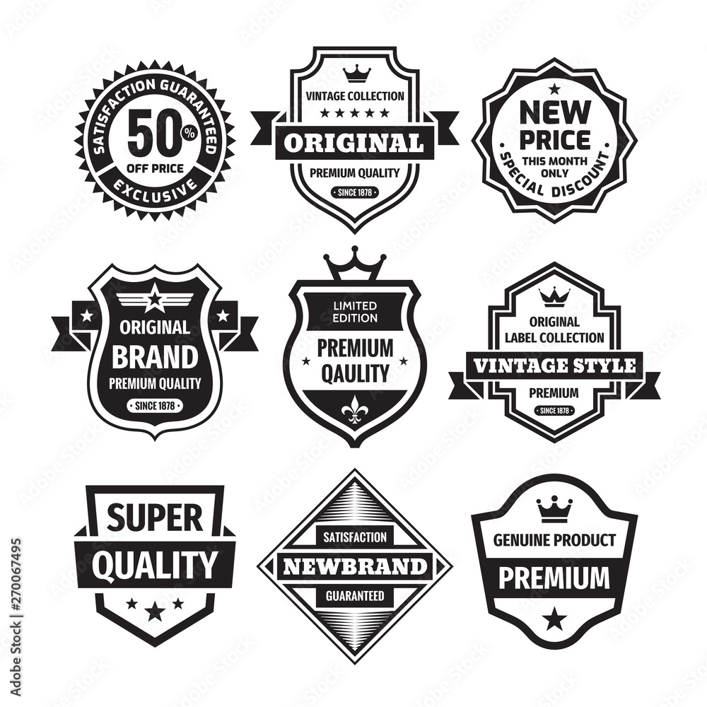 Business badges vector set in retro design style. Abstract logo. Premium quality. Satisfaction guaranteed. Original brand. Special edition. Genuine product. Black & white colors. Business badges vector set in retro design style. Abstract logo. Premium quality. Satisfaction guaranteed. Original brand. Special edition. Genuine product. Black & white colors.