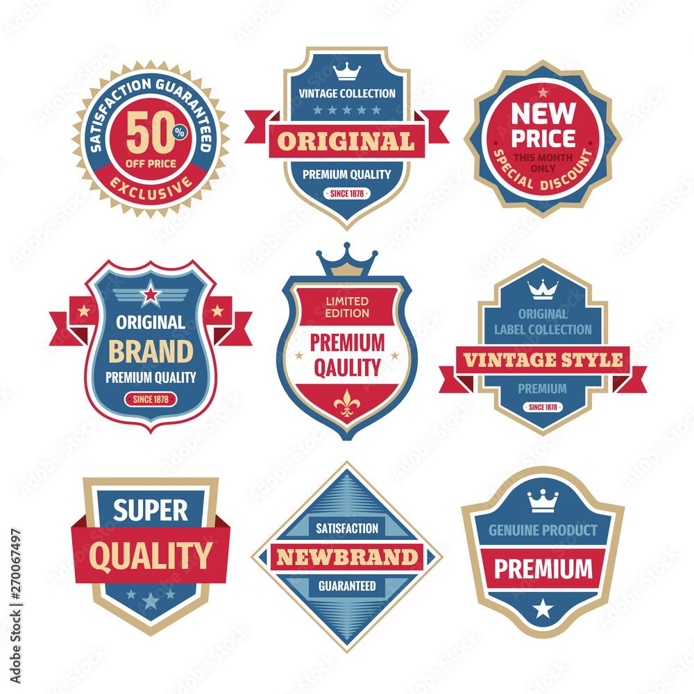 Business badges vector set in retro design style. Abstract logo. Premium quality. Satisfaction guaranteed. Original brand. Special edition. Genuine product. Concept labels. 
