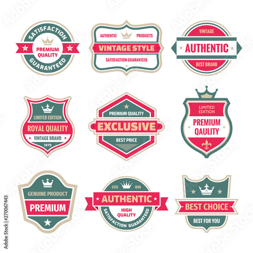 Business badges vector set in retro design style. Abstract logo. Premium quality. Satisfaction guaranteed. Best brand. Genuine product. Concept labels. 