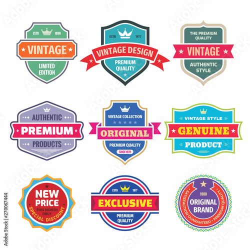 Business badges vector set in retro vintage design style. Abstract logo. Premium quality. Satisfaction guaranteed. Original brand. Exclusive genuine product. Concept labels. 