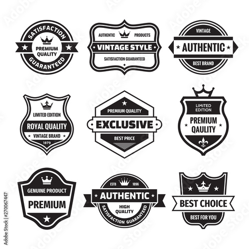 Business badges vector set in retro design style. Abstract logo. Premium quality. Satisfaction guaranteed. Best brand. Genuine product. Concept labels in black & white colors. 