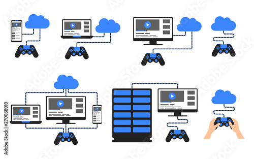 Computer display, laptop and smartphone connected to the cloud for play game with gamepad in flat. Concept cloud gaming and cross-platform collection