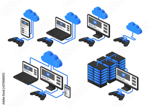 Concept cloud gaming and cross-platform set. Collection computer monitor, laptop and smartphone connected to the cloud for play game with gamepad in isometric. 