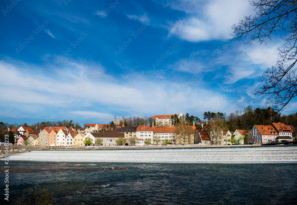 Streets and river bank in Landsberg am Lech town in Germany, Bavaria, best places to travel in Europe